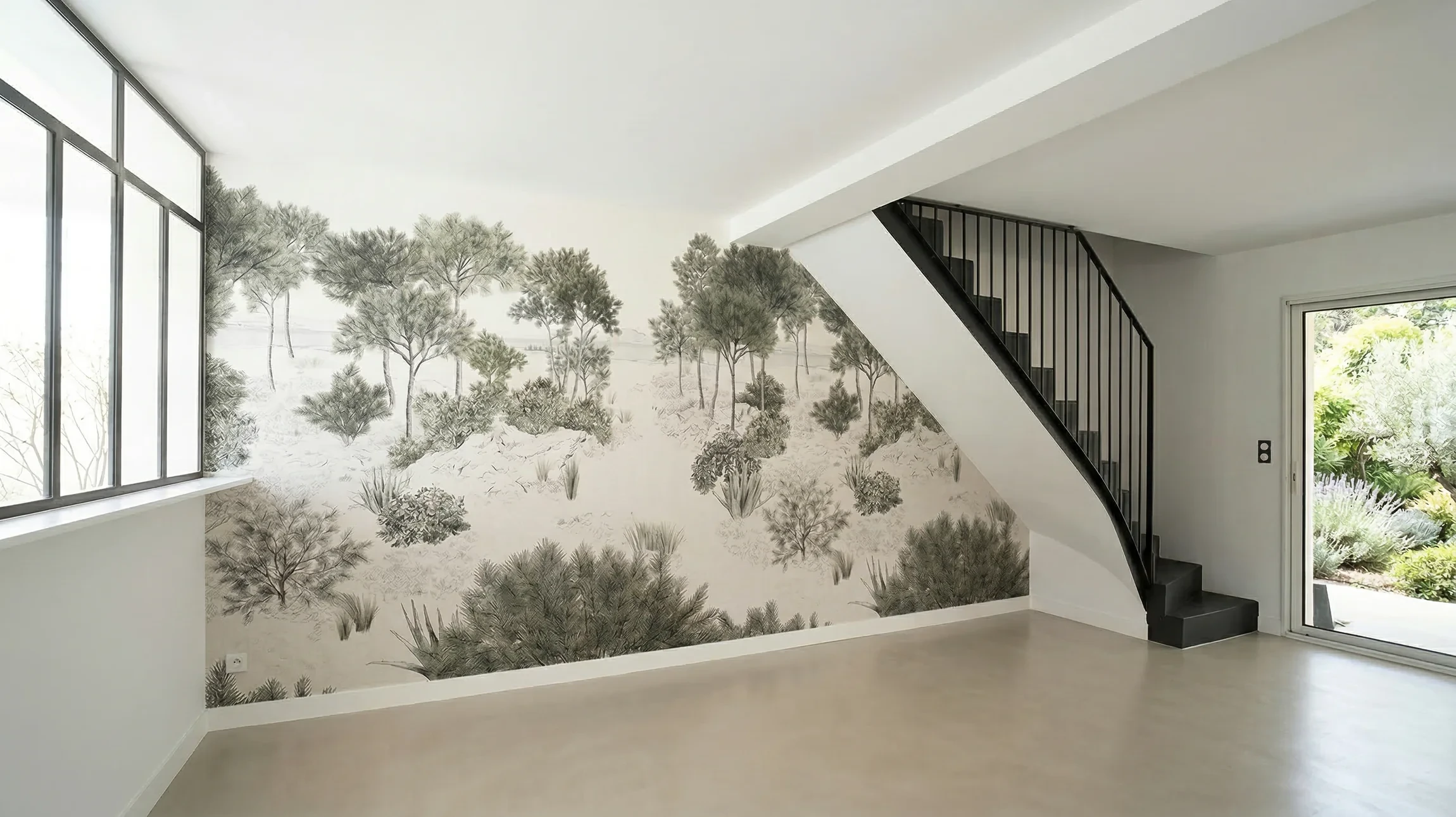 Intérieur moderne avec mobilier design jaune et table blanche dans espace aux murs géométriques turquoise et blanc