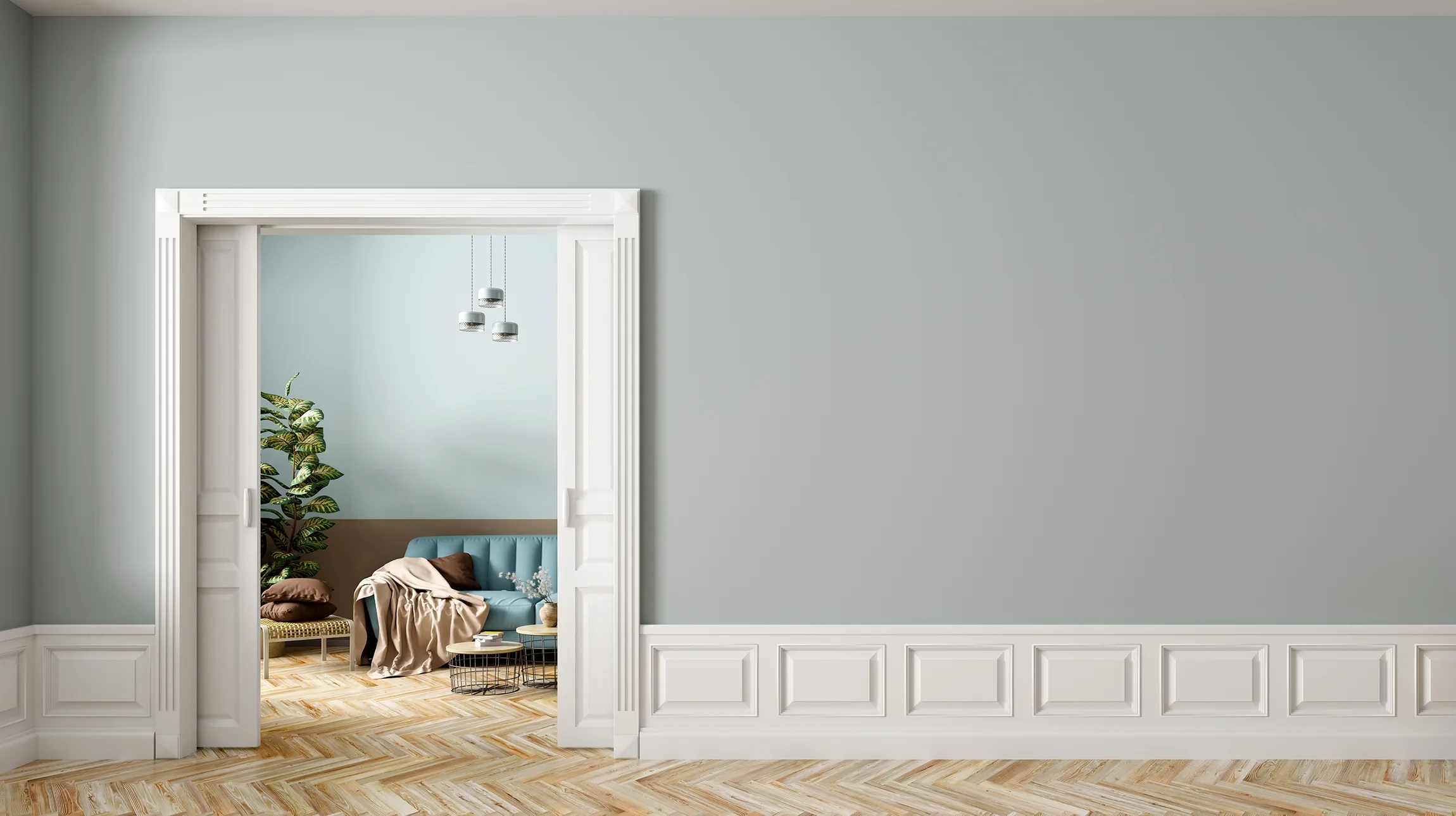 Salon moderne avec canapés beiges en cuir, table basse en bois massif, étagères murales illuminées par LED intégrées